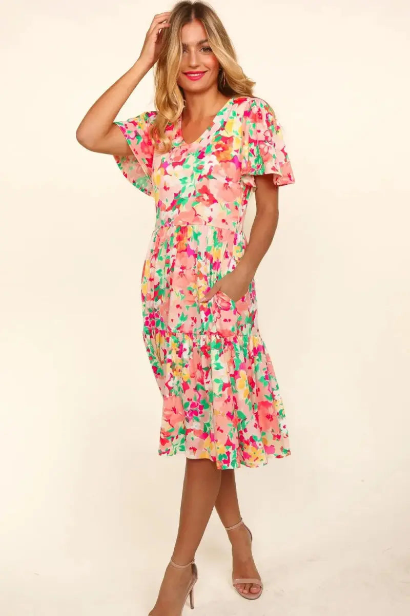 Haptics Tiered Floral Midi Dress with Pockets for Women - Love Salve